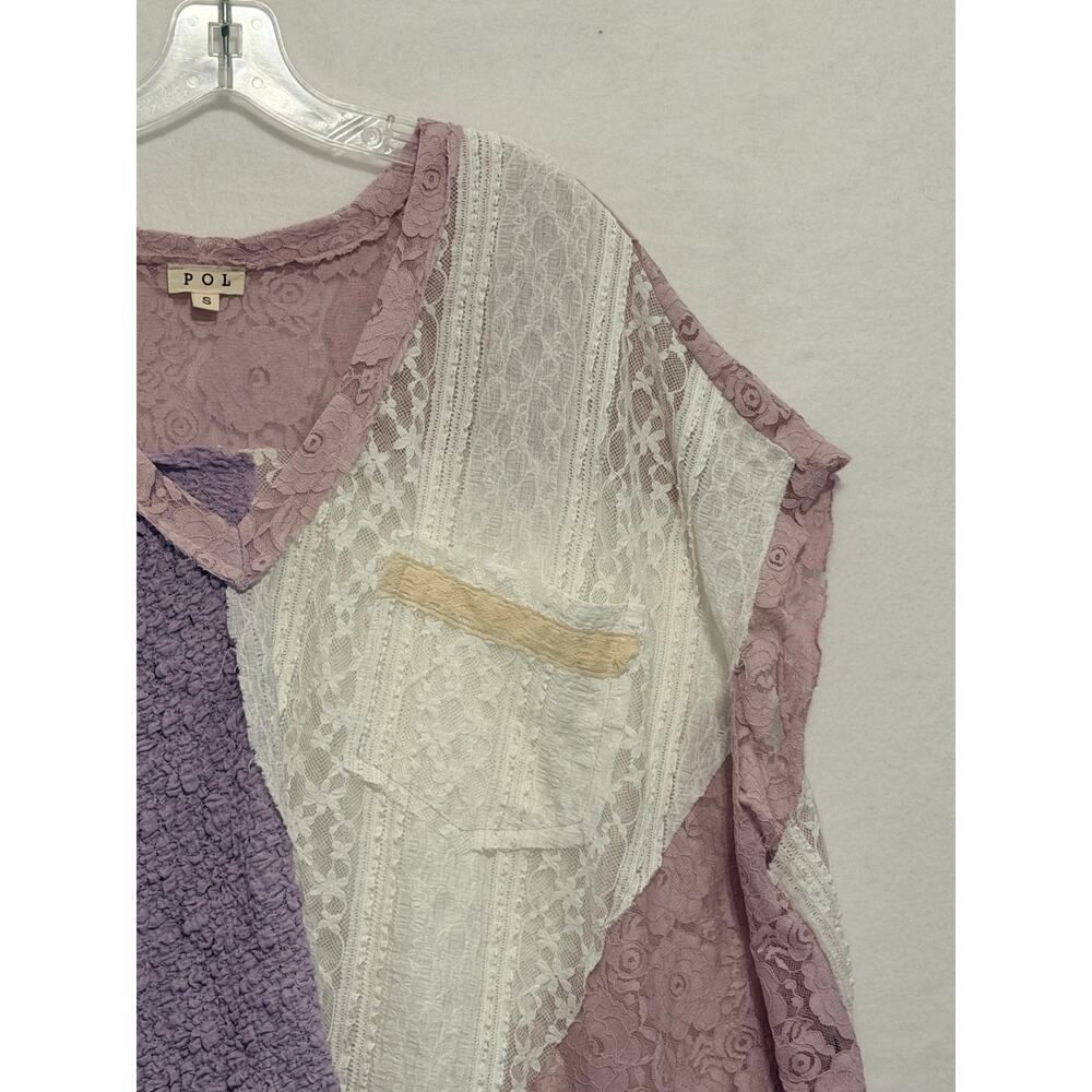 POL Short Sleeve Oversized Patchwork Lace Top Lavender Small Boho Shabby Chic - Picture 4 of 9